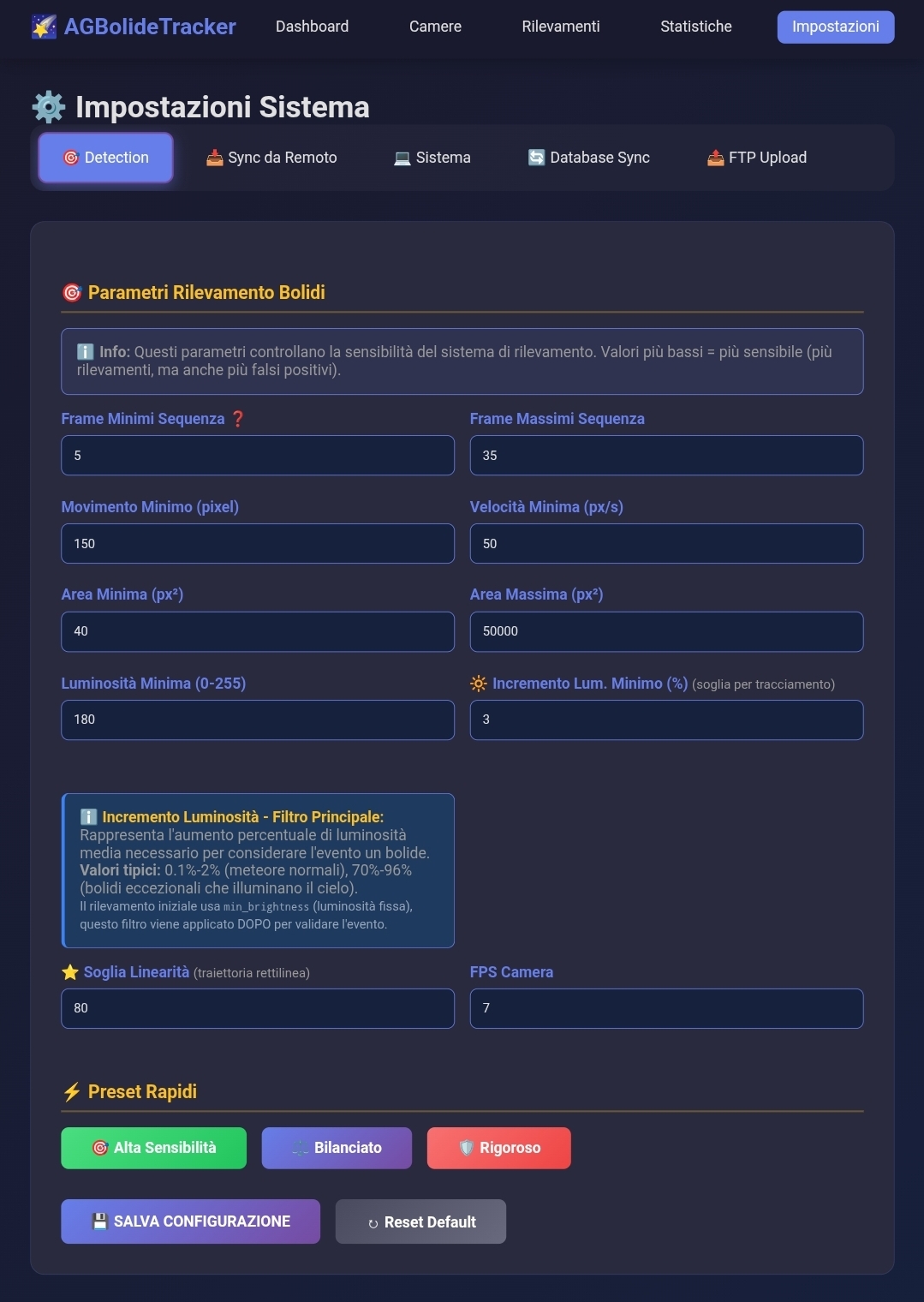 Impostazioni Detection